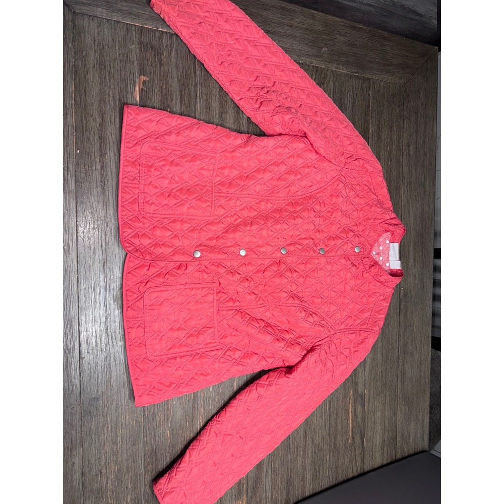 Chicos Quilted Jacket Coral Pink Diamond Stitch Snap Front Polka Dot Size 2 XL